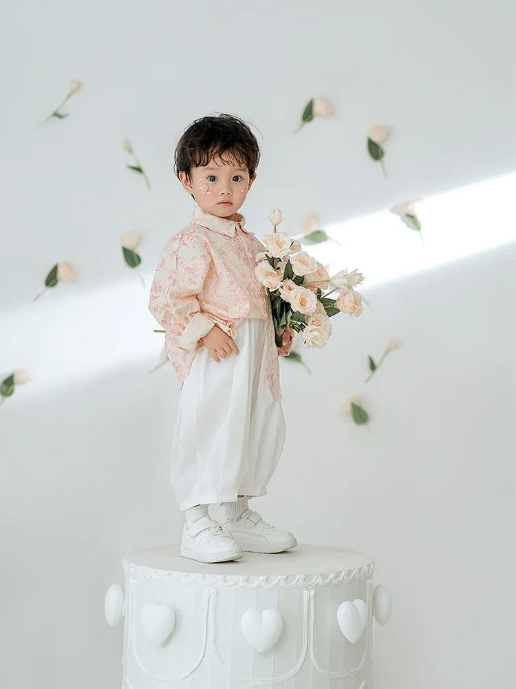 2-3 Years Old Children Photography Outfit Printed Shirt White Pants Costume Set Artificial Flowers Studio Spring Art Photo Props