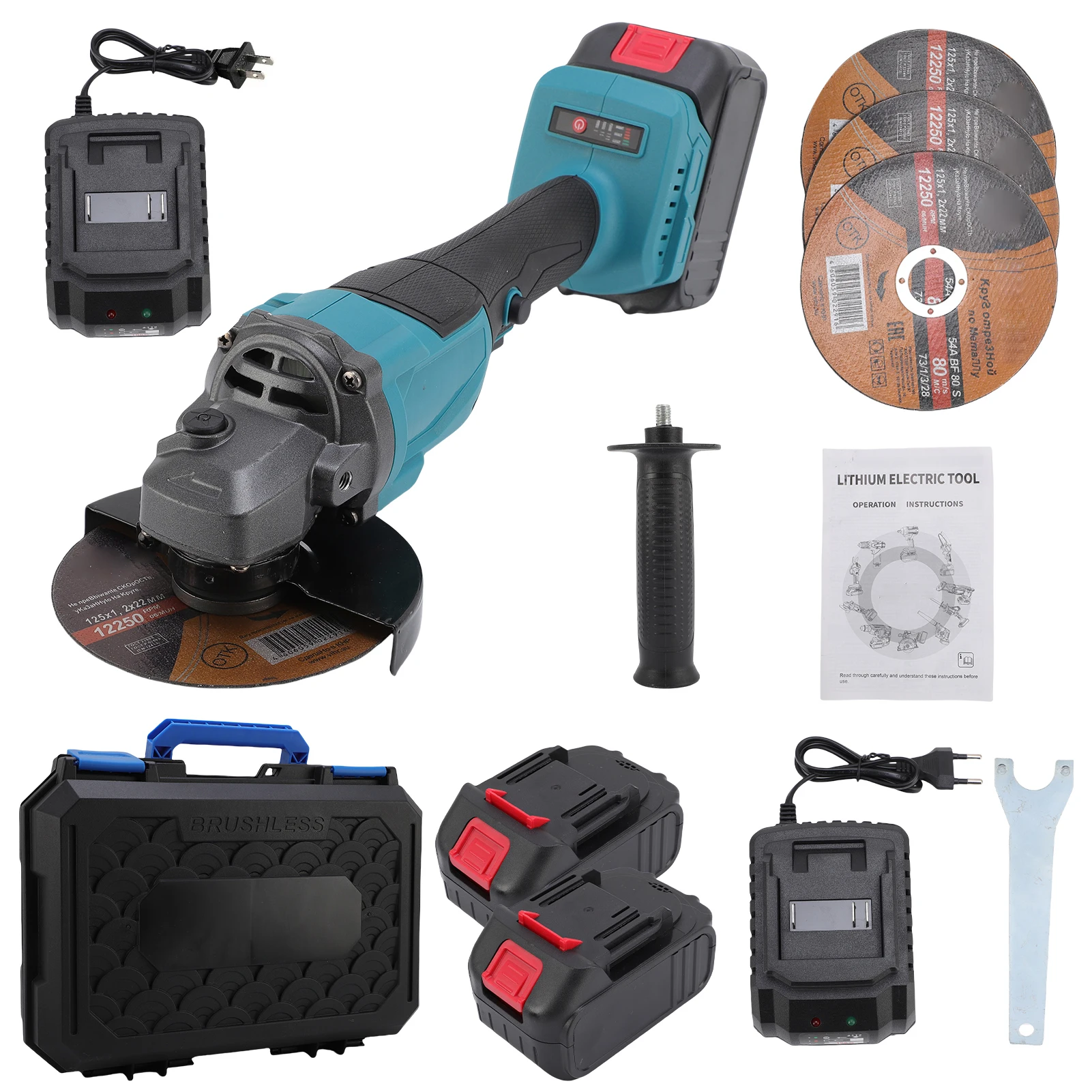 

21V Angle Grinder 125mm Electric Grinding Tool Brushless Motor Cordless Cutting and Polishing Machine with 2pcs Lithium Battery