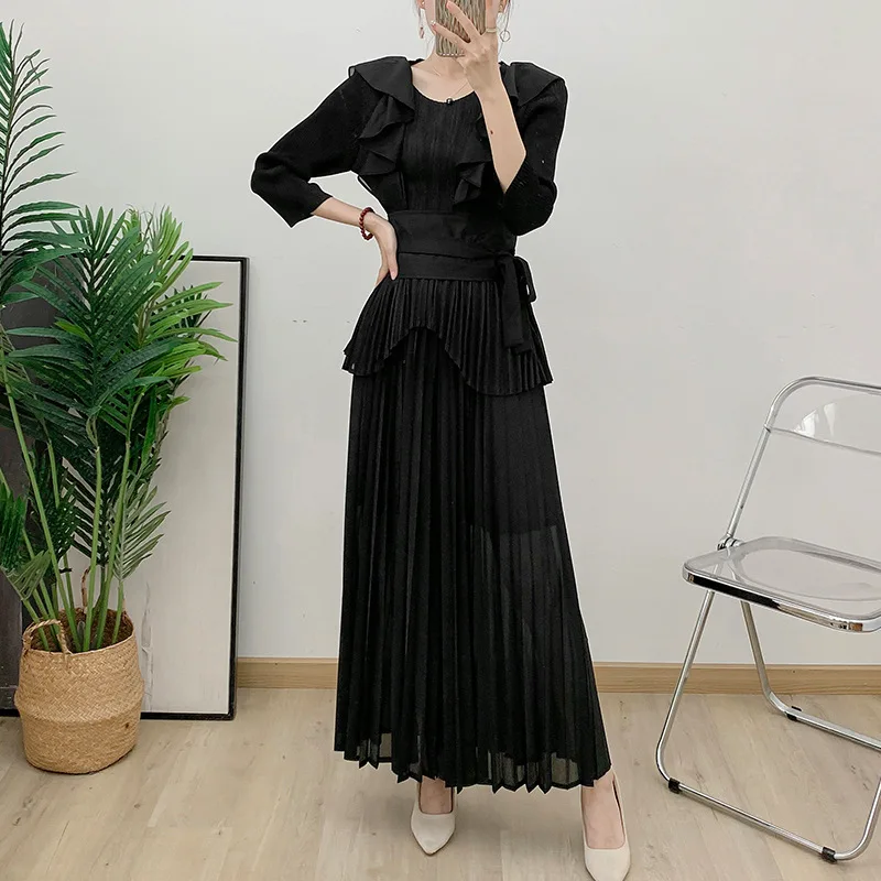 ANLAN Autumn 2024 Elegant Pleated Set Womne Flounce Belt Gathered Waist Irregular Tops&Casual Wide Leg Pants Two Piece Sets 9A13