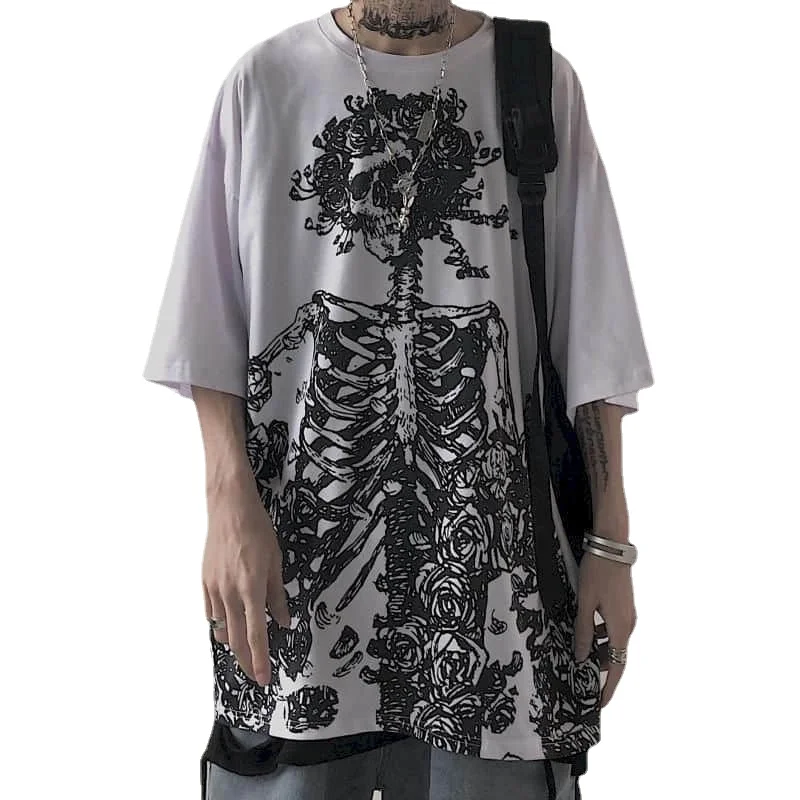 Men T-shirts 2023 Summer Streetwear High Street Gothic Skull Tshirt Loose Oversized Short-sleeved T shirt Dark Anime Men Y2k Top