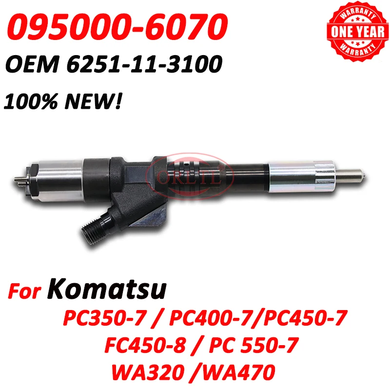 095000-6070 Common Rail Diesel Injector 6251-11-3100 6251113100 Fuel Nozzle 0950006070 For Komatsu WA320 WA470 PC350-7 PC400-7