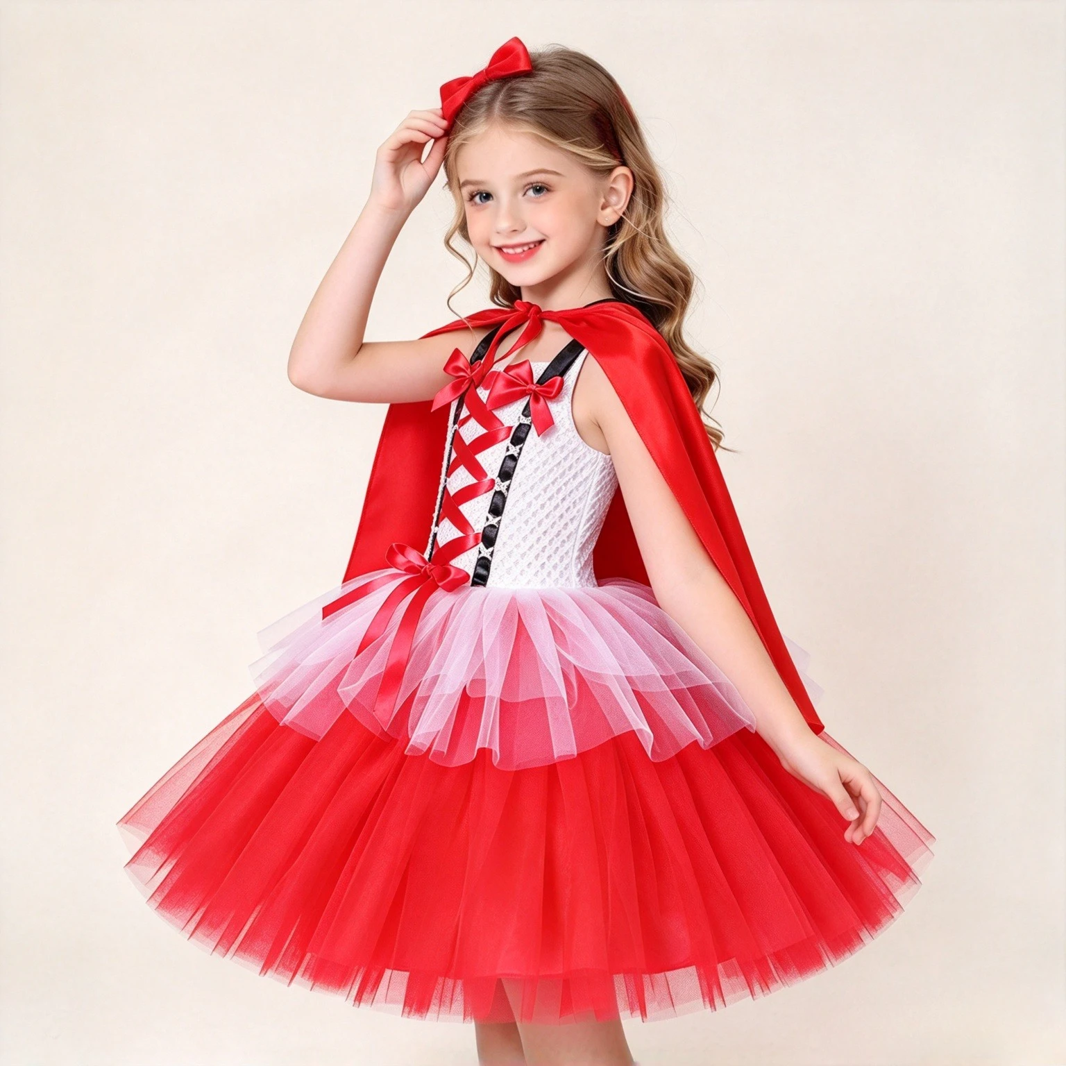 Cute Red Princess Sweet Hood Mesh Tutu Dress With Cape Bow For Girls Holiday Party Stage Performance Fairytale Role Play Outfit