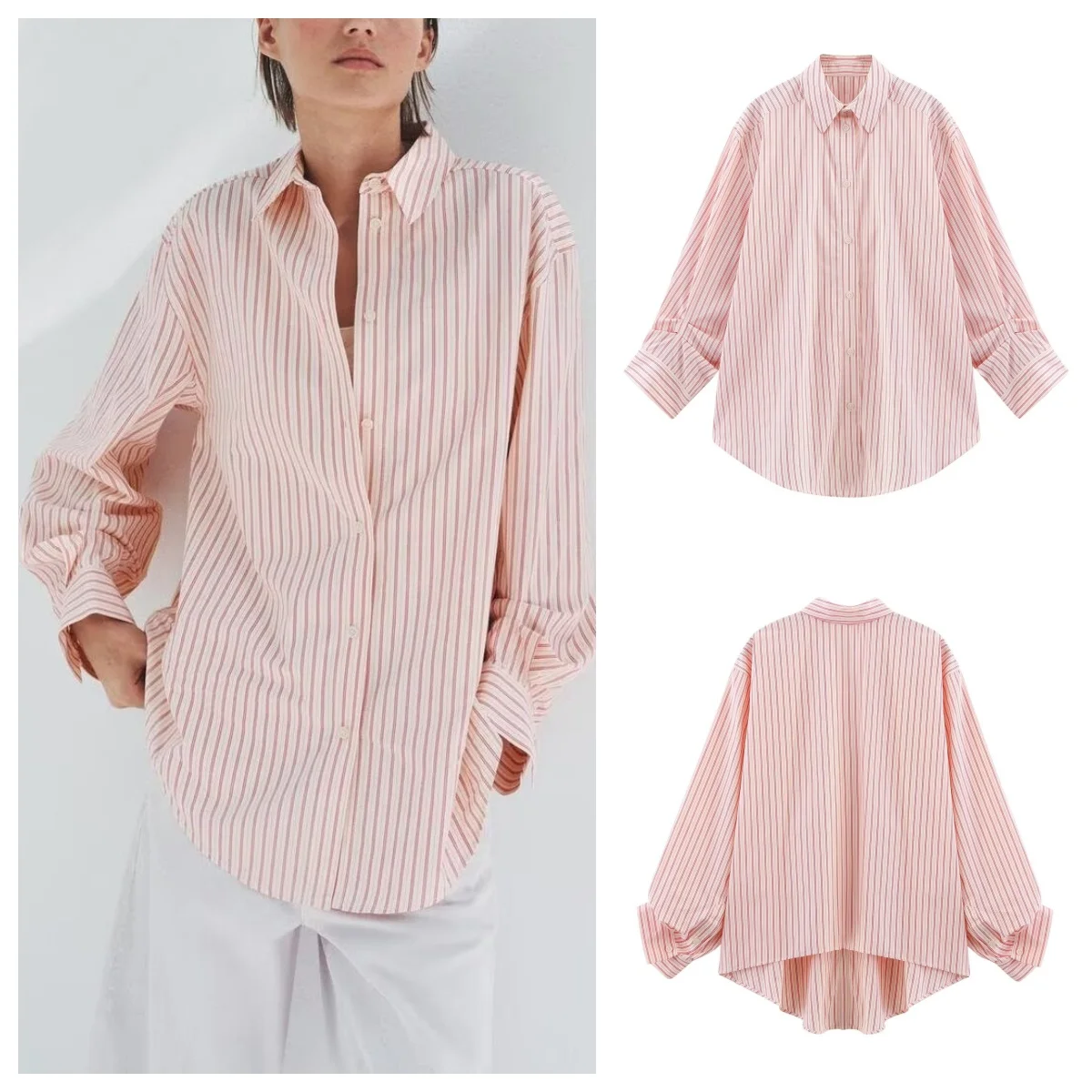 

European and American style 2025 new single-breasted loose casual striped long-sleeved shirt