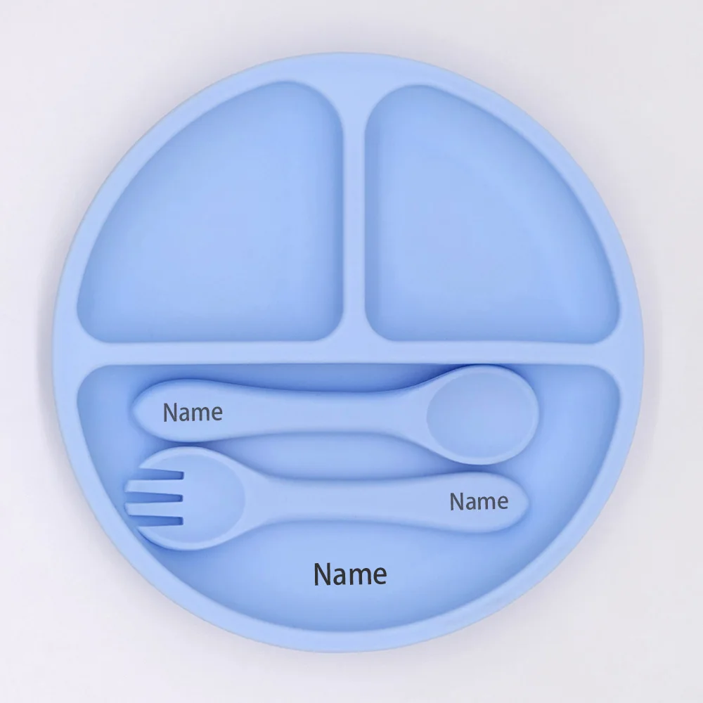 Darmowe nadruki imiennych, silikonowych naczyń dla dzieci: miseczka do karmienia, silikonowy widelec, łyżka, tacka, zestaw do nauki jedzenia, prezent świąteczny.