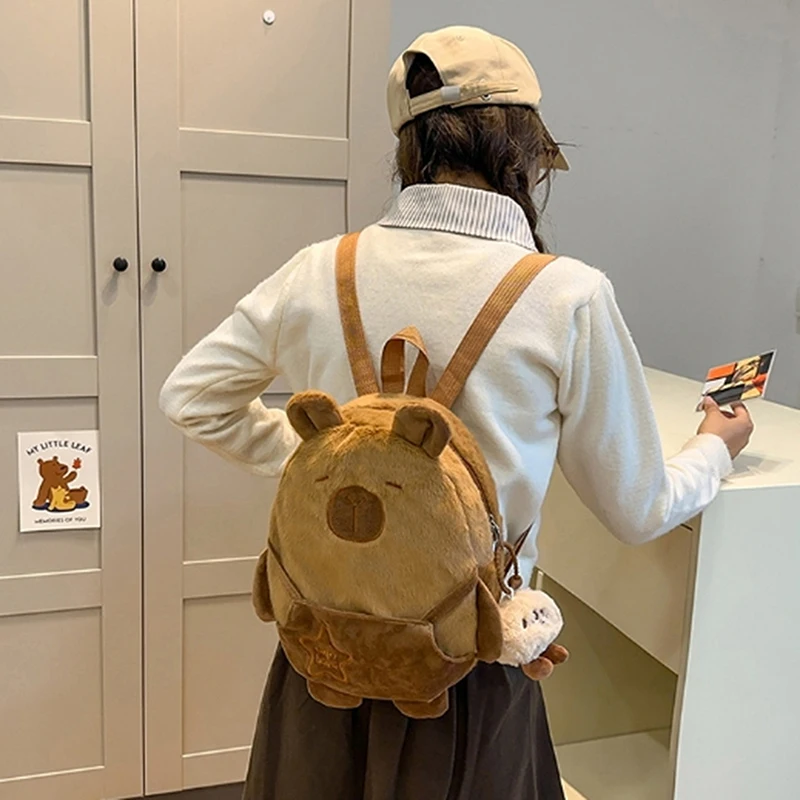 Piece Roomy Capibara Animal Cartoon Crossbody Bag, Plush Couple's Backpack, Fashionable Large Capacity Cotton Bag.