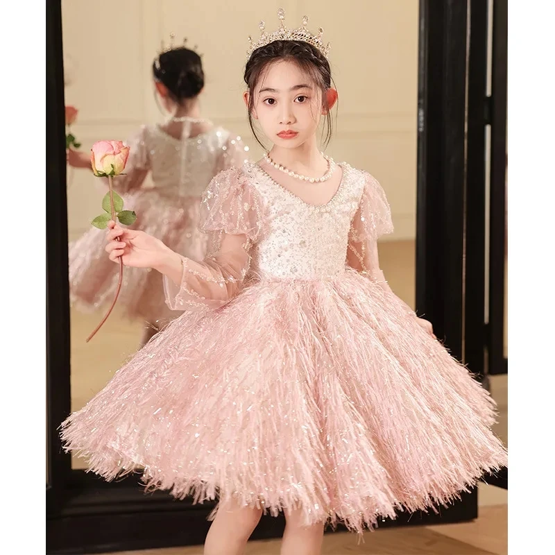 Fashion Baby Girl Princess Bling Feather Dress Infant Toddler Child Bow Vestido Party Pageant Birthday Ball Gown