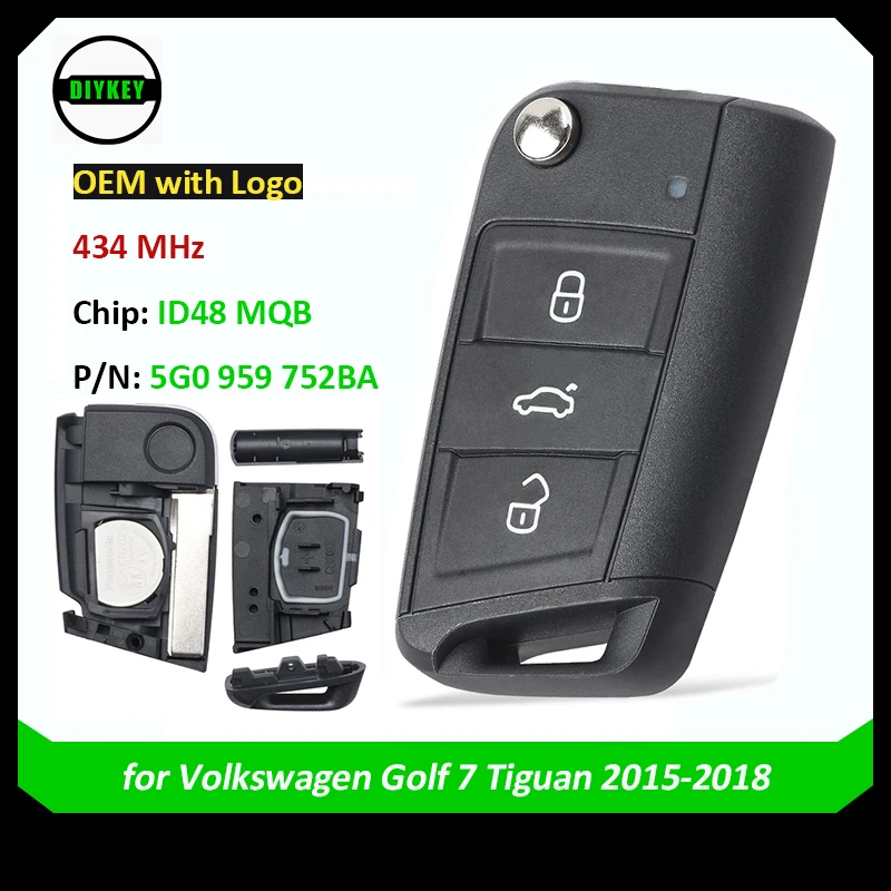 

DIYKEY OEM for Volkswagen MQB for Golf 7 2014-2017 Tiguan 2015-2018 Remote Key Fob 434MHz ID48 5G0959752BA / 5G0 959 752BA HU66