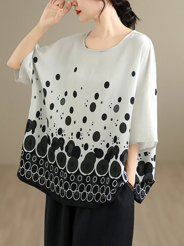 

Retro Ethnic Sle Batwing Sve round Ne T-irt Women's Loose Casual Top Summer Large Size Comfortable Printed Tee