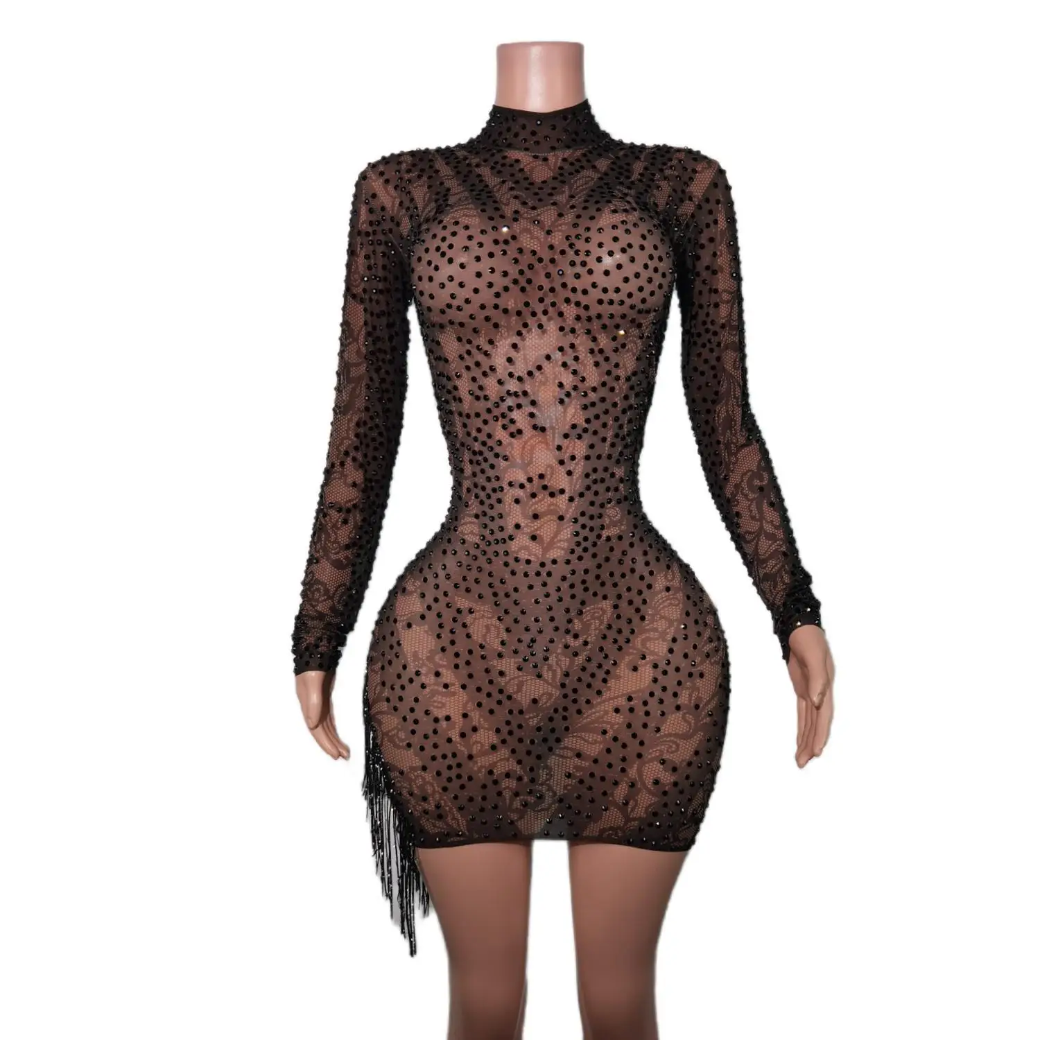 

Rhinestone Customize Sexy Rhinestone Midi Mesh See-through Shiny Sheath Dress High Slit Pleated Long Sleeve Women Stage Clothing