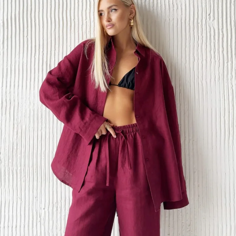 

2025 New Casual Cotton Shirt Pants Suit Lapel Single Breasted Loose Long-sleeved Shirt+Wide-leg Pants Casual Sets Women Clothing