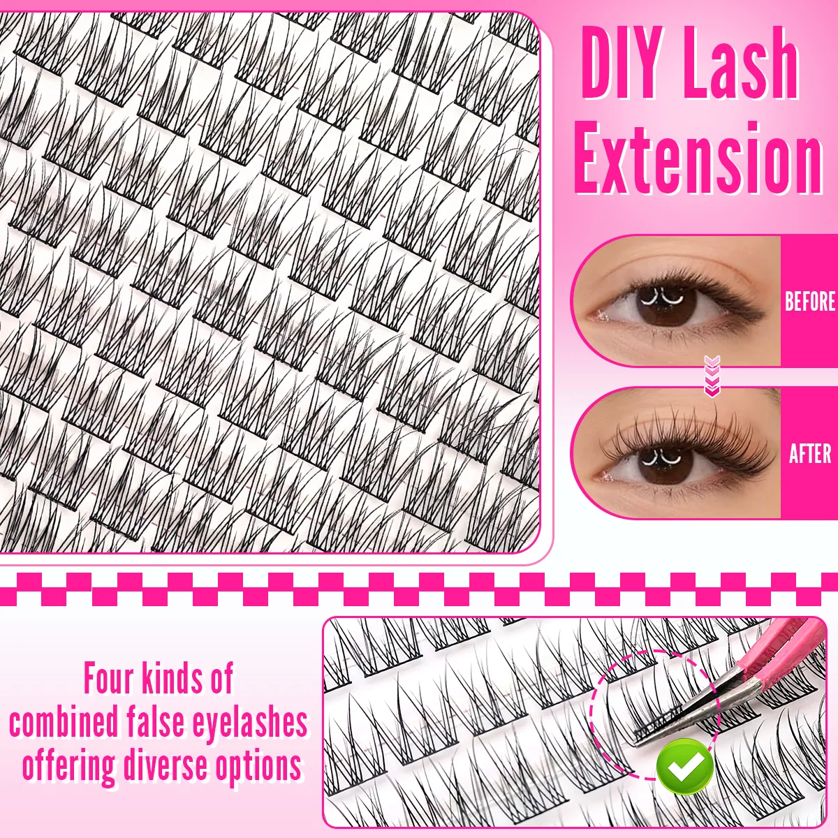 144本入り接着剤不要つけまつげセット、レイヤードフィッシュテールCカール、初心者向け簡単装着、再利用可能なソフトラッシュ