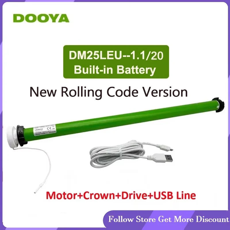 

DOOYA DM25LEU Tubular Motor with built-in li battery for Rolling Blinds,Control by RF433 emitter,for Dia. 38mm tube,USB Charge