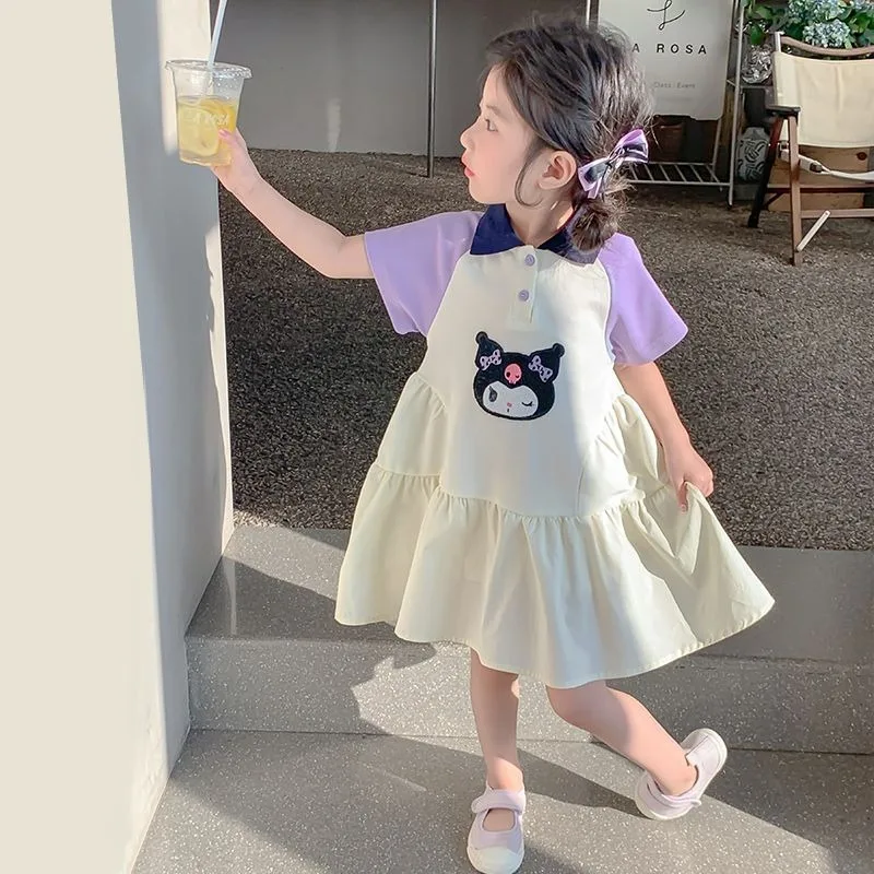 

Summer 2025 Kuromi Anime Kawaii Sanrio New Princess Dress Cute Cartoon Children Casual Short Sleeve Shirt Skirt Gifts Toys