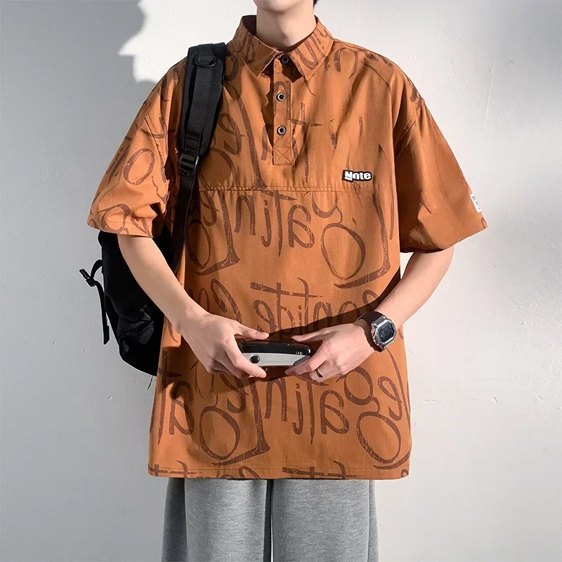 プラスサイズのメンズポロシャツヴィンテージレター Tシャツカジュアルポロネック夏のファッション Tシャツボタンルーズ半袖トップス服