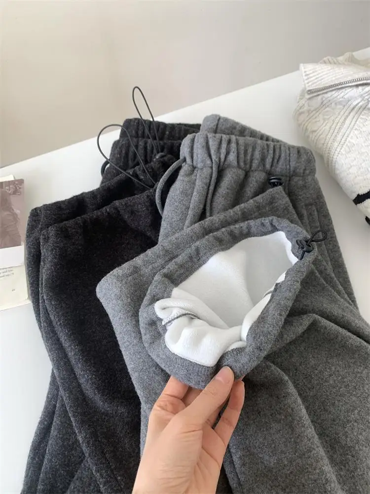 Women Loose Pants Gray Korean Style Glutinous Rice Plush Autumn Winter Warm Fleece Lined Retro Wide Leg Casual Versatile