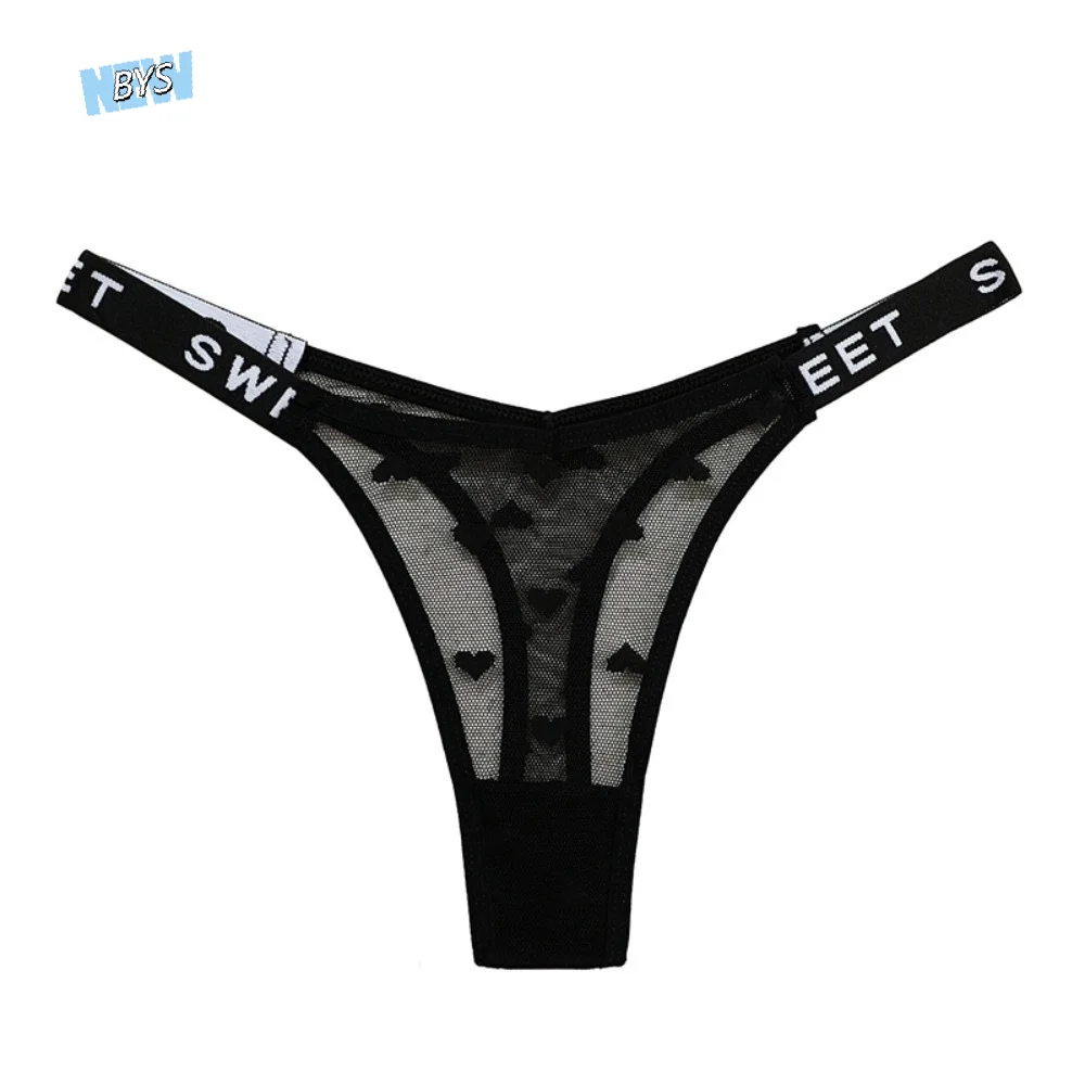 

Cotton Crotch Heart Mesh Thongs Traceless Low Waist Bikini Briefs Underpants Solid Color T-back Panties Intimate Apparel