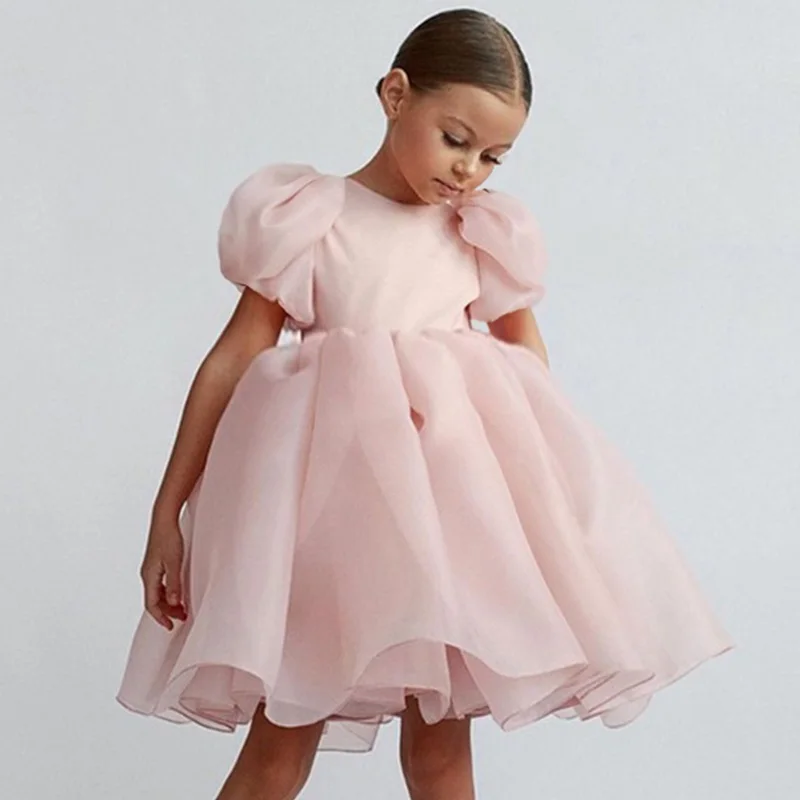 Fashion Girls Pink Princess Dress Puff Sleeve Wedding Party Tutu Gown Kids Dresses for Girls Holiday Dress 2024 New Kids Clothes