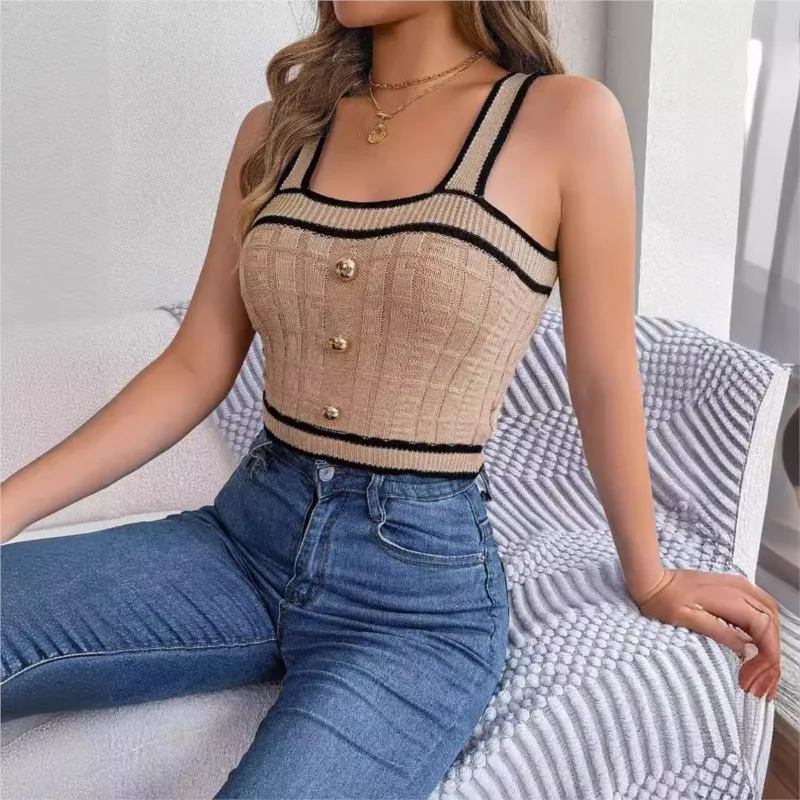  Summer Color Blocked Button Sleeveless Open Umbilical Knitted Shirt Holiday Top Women's Strap Sexy Slimming Sweater Tank Top