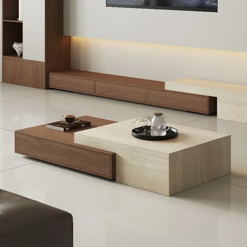Medieval style retractable travertine modern simple solid wood rock slab coffee table TV cabinet combination small apartment liv