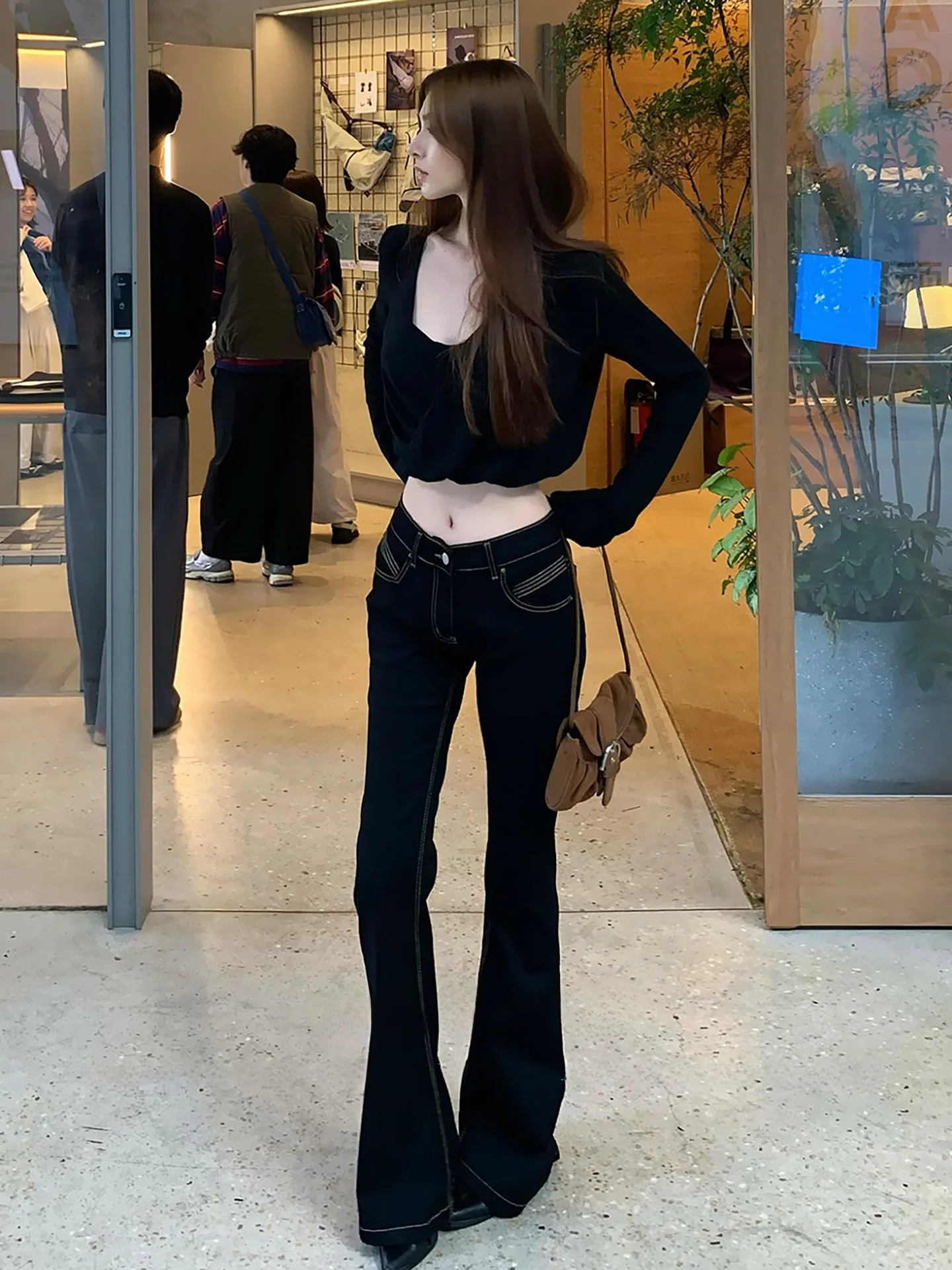 

Low Waist Flared Jeans Women's Black Elastic Slimming Hip Lifting Floor Length Pants Spring Summer New Style Cotton Stretch D...