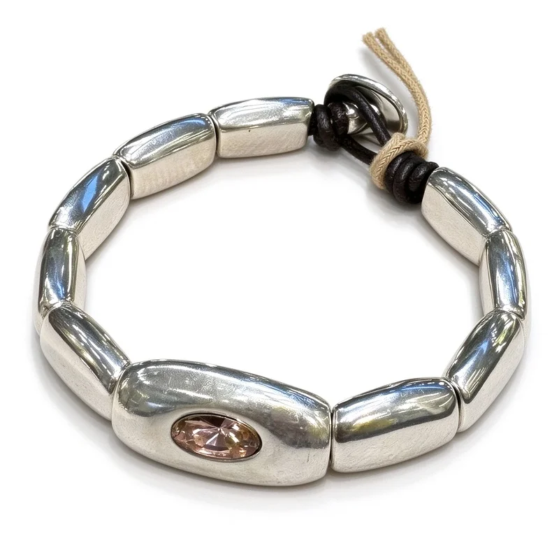 Silver Block Beaded Bracelet for Women Rectangle Metal Beads Oval Cut Gemstone Elastic Bangle Adjustable Jewelry Minimalist Modern Design Gift for Her Daily Wear Office Party High Quality Alloy Polished Finish Hypoallergenic Handcrafted Elegant Accessory