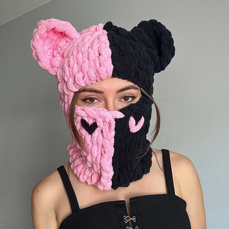 Funny Ears Knitted Hat Beanie Contrast Color Heart Creative Fall Winter Warm Full Face Ski Facewear Caps Windproof Hat for Women