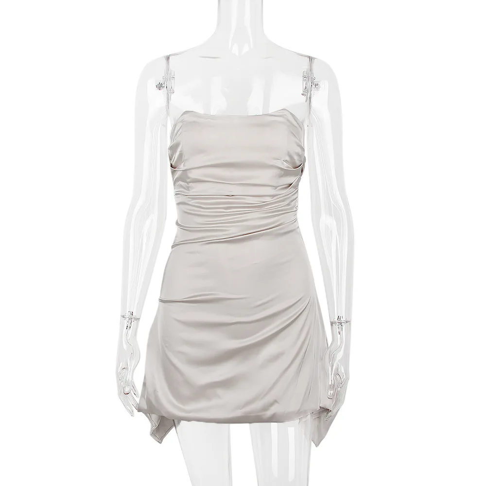 การพิมพ์ลายดอกไม้ชุดซาตินเซ็กซี่Bodycon Nightชุดวันเกิดที่ไม่มีสายหนังRuched Mini Holidayชุดสตรีฤดูร้อน 2025