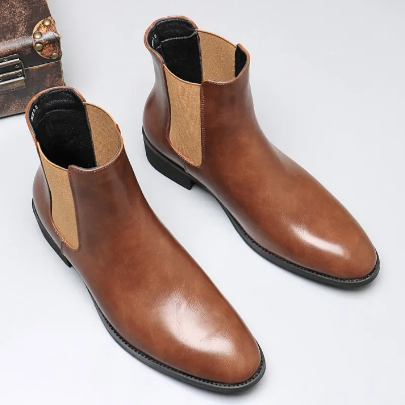 Italian Men's Leather Boots Fashion Chelsea Boots Brand Business Dress Boots for Men High-top Casual Boot Pointed Toe Ankle Boot