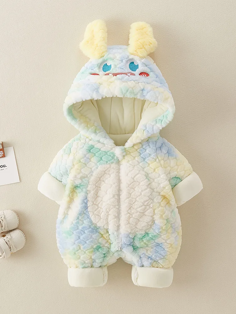 Baby Winter Cute Cartoon Rainbow Fur Jumpsuit Cotton Clothing Baby Cotton Warm Outdoor Clothes Hooded Rompers