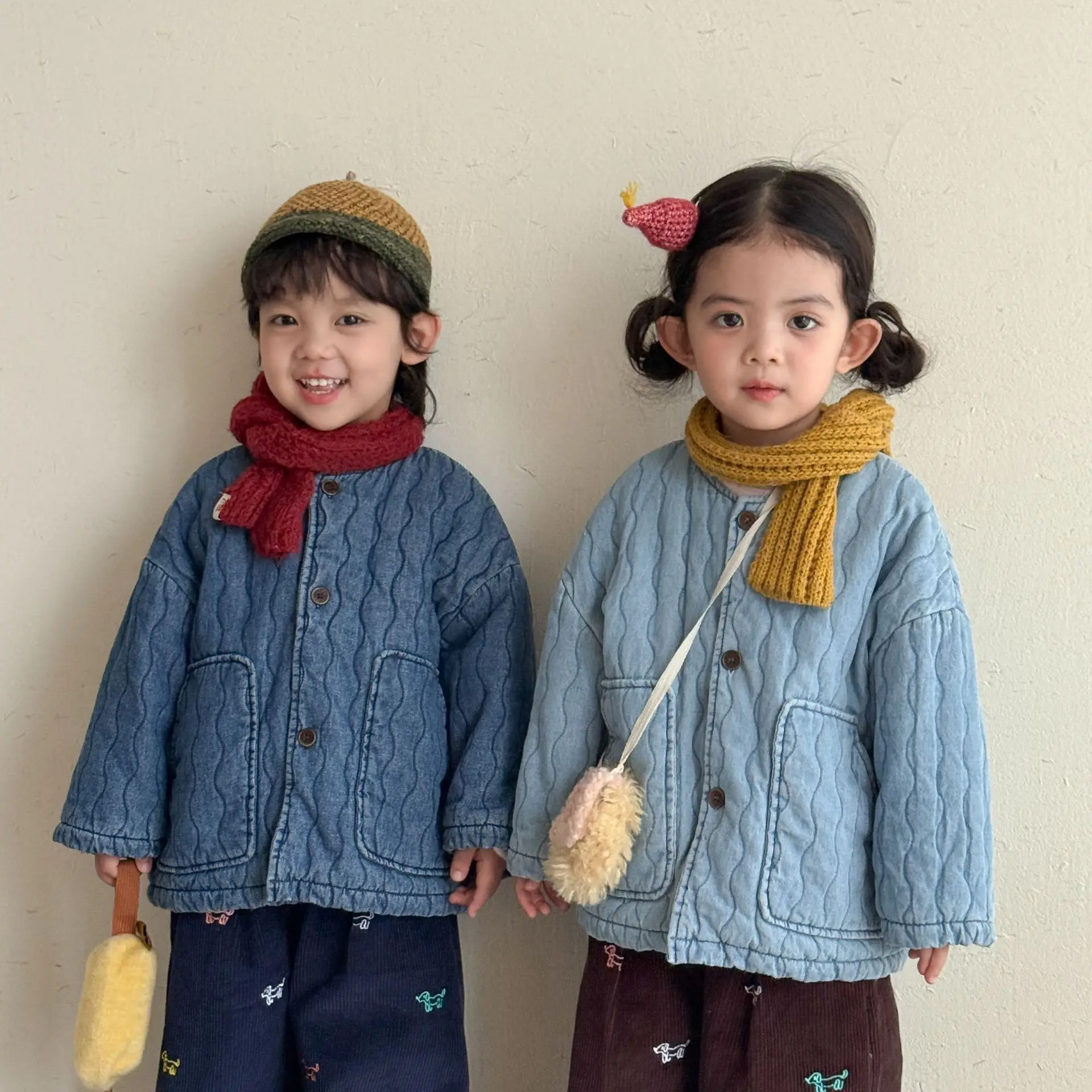 2026 Winter New Children Denim Quilted Jacket Plus Velvet Thick Girls Fleece Coat Boys Cotton Padded Jacket Solid Kids Clothes