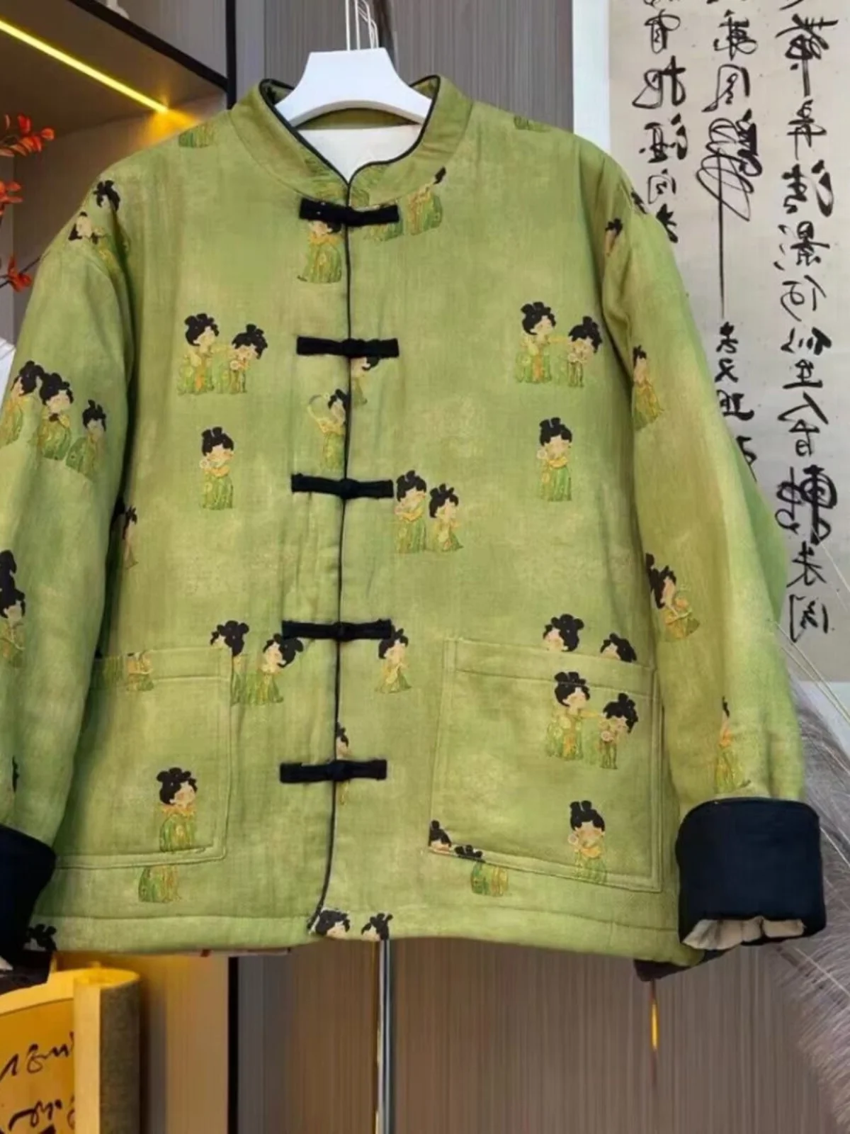 

Утепленная хлопковая куртка с принтом и пуговицами для женщин, осенне-зимняя, с воротником-стойкой, в стиле Тан, с длинными рукавами, стандартный крой