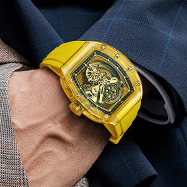 BONEST GATTI Mannen Tourbillon Horloge 50mm Tonneau Automatisch Mechanisch Horloge Acryl Case Lichtgevende Saffier Fluororubber Band