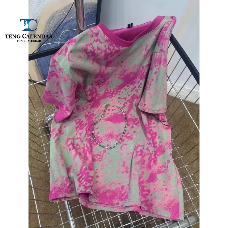 Summer T-shirt, European Casual Fashion Printed and Dyed Short Sleeved Oversized Top Trend, Women's 2024 New Model