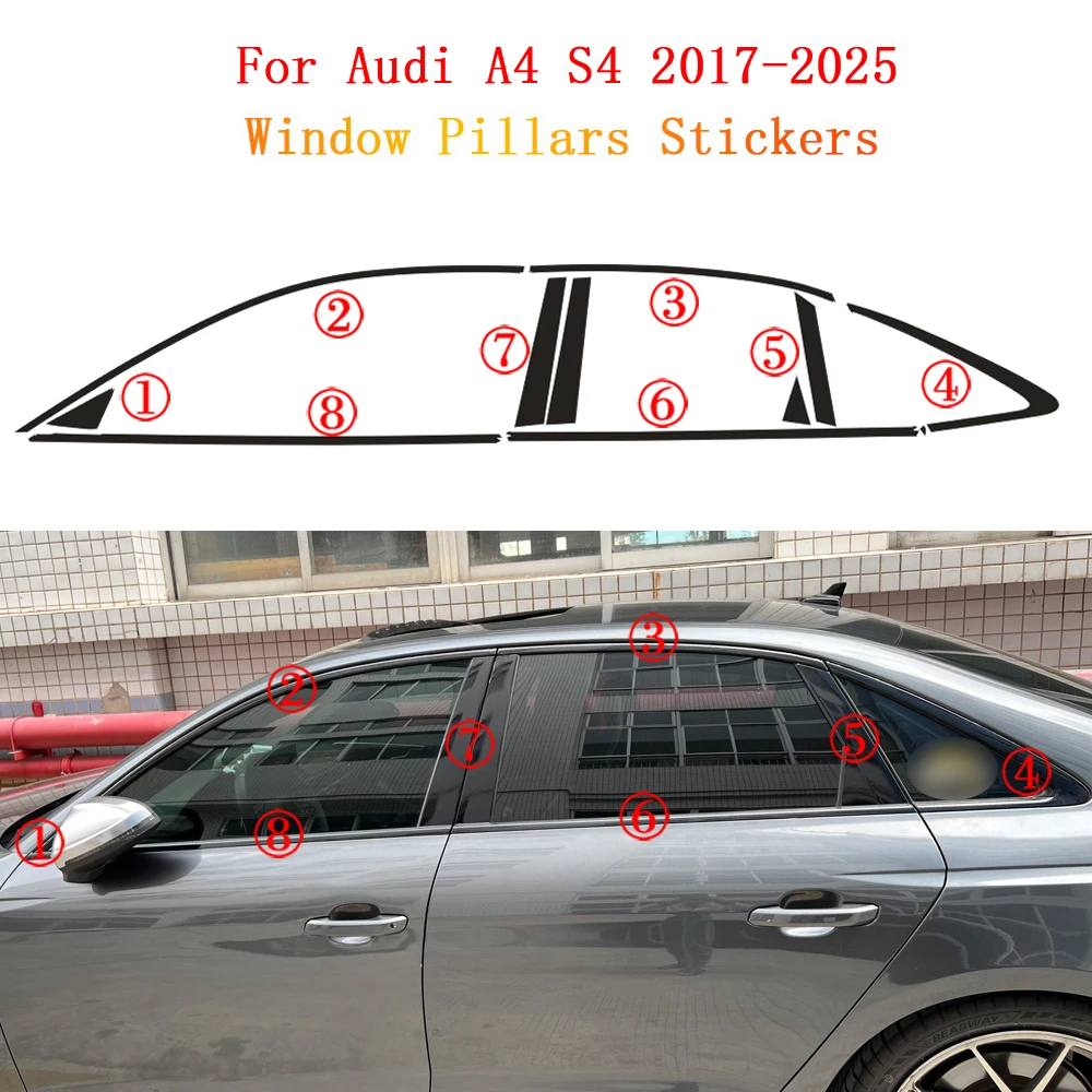 apply to Audi A4 S4 2017-2025 Sedan Window Chrome Delete Blackout ABC Pillars Glossy Black Stickers