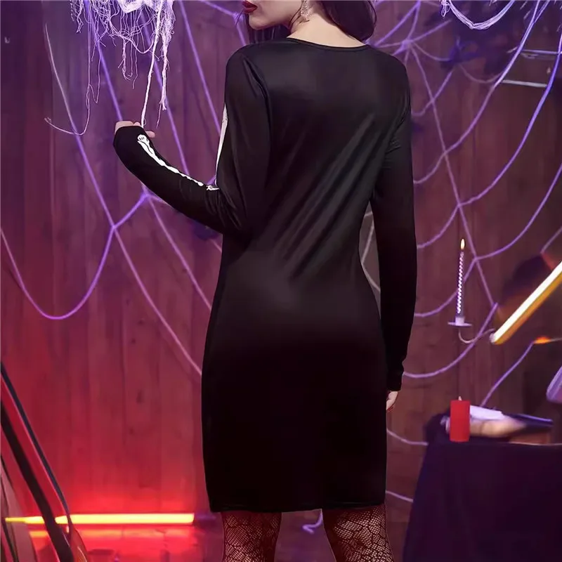 Esqueleto estampado feminino de Halloween Vestido curto, engraçado, manga comprida, gola redonda, ajuste fino, bodycon, vestidos midi para festa, cosplay, 2025