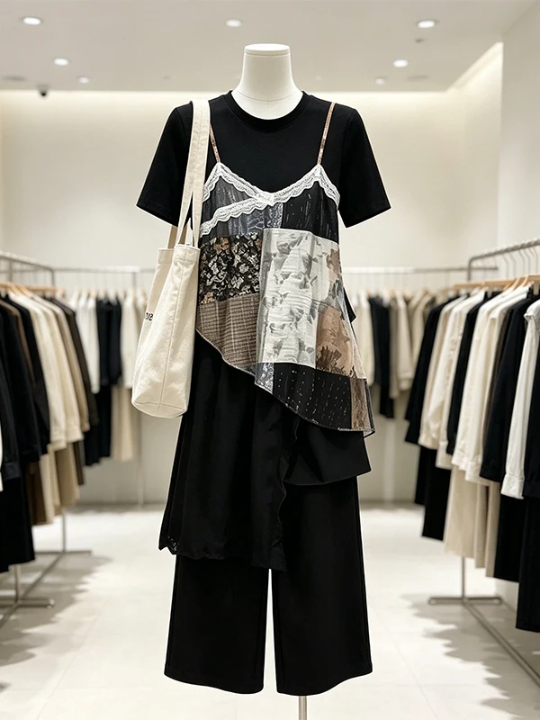 

Large Size Women's Summer New Color Block Wide Leg Pants Set Casual High Waist Long Pants Short Sleeve round Neck Fashion Set