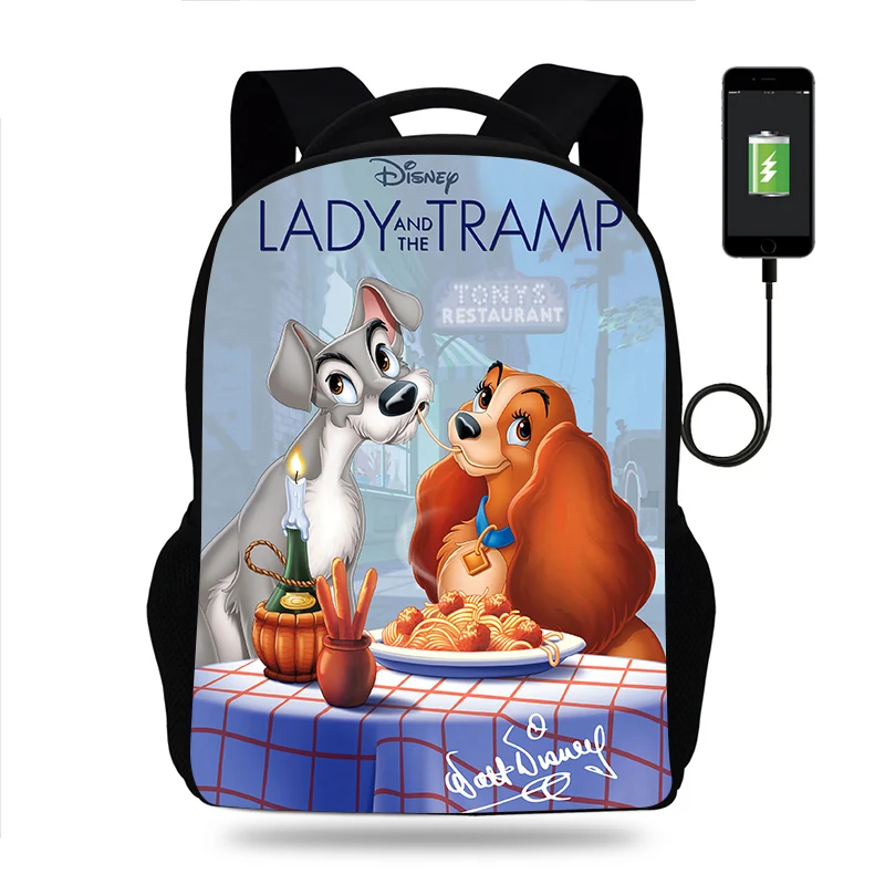 

Disney Lady and the Tramp Backpack Boys Girls School Bag Teenager Book Bags Men Women Rucksack USB Travel Knapsack Mochila