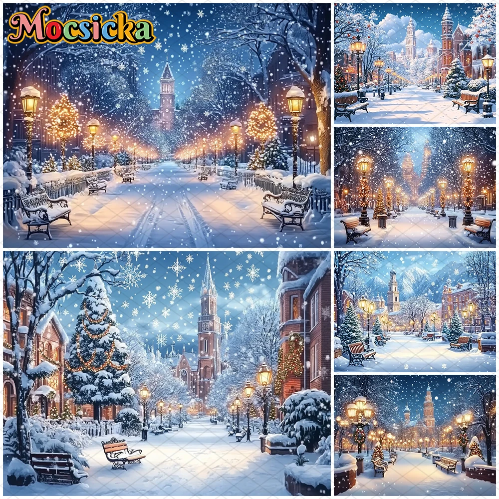 

Mocsicka Winter Snowflake Backdrop Photography Christmas Tree Street Lamp Decor Kid Family Holiday Party Photo Background Banner