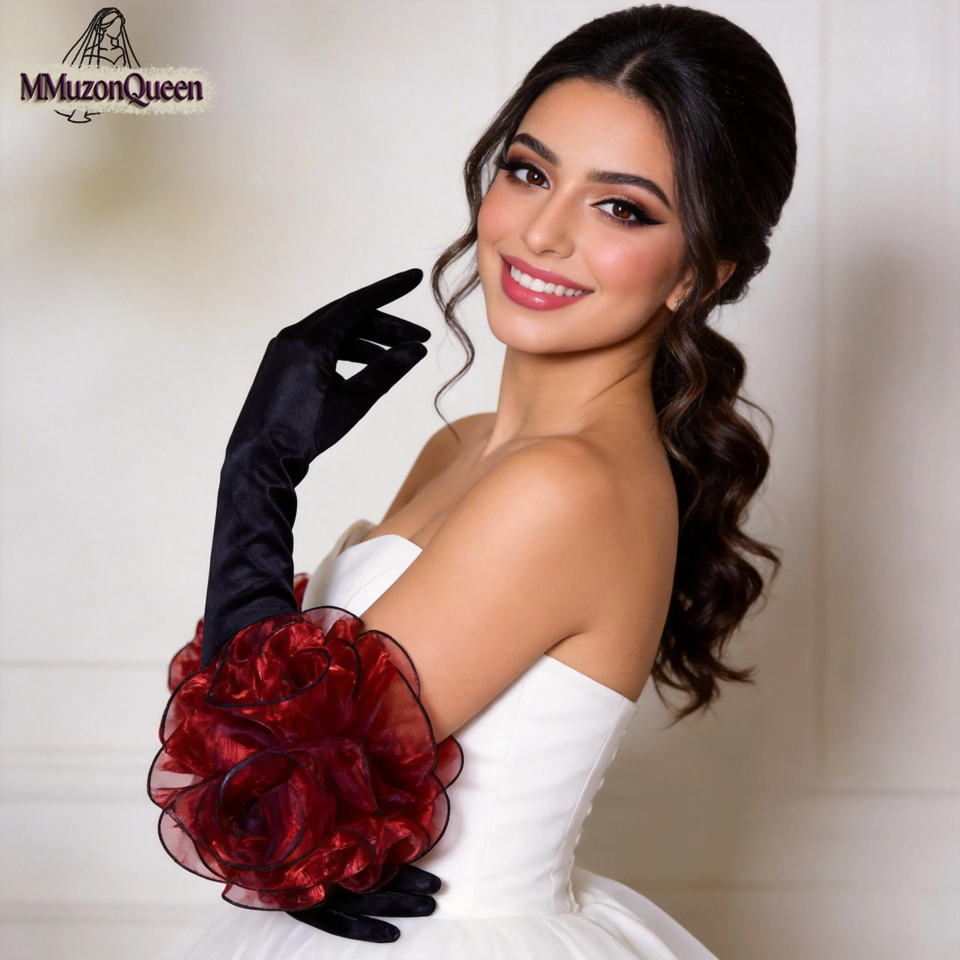 

TOPQUEEN Gant Noir Mesh Organza Floral Detachable Sleeves Bridal Guantes Mujer Elegantesakcesoria śLubne Mm19
