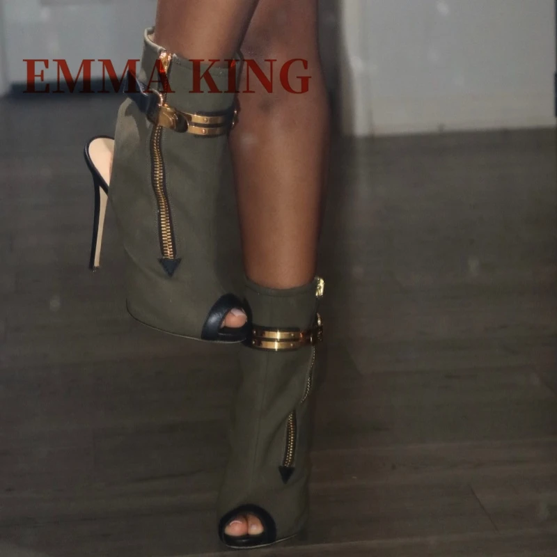 الجيش الأخضر قماش حذاء من الجلد مثير خنجر الكعوب الذهب مشبك معدني ديكور أحذية بوت قصيرة الجانب سستة المفتوحة تو رقيقة أحذية عالية الكعب