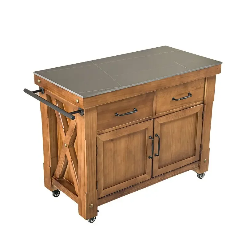 American solid wood removable mid-island table with cabinet door, side cabinet, coffee machine, bar counter, kitchen operation,