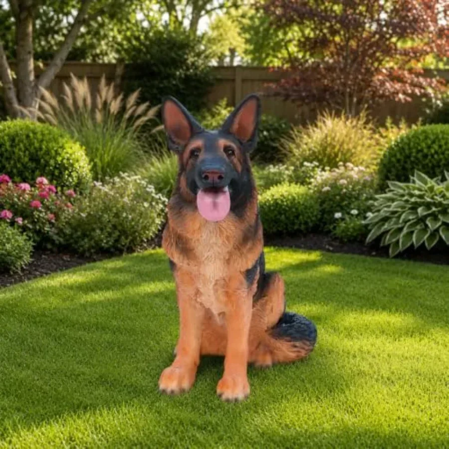 German Shepherd Dog Statue, Resin Garden Sculpture Outdoor: Durable Weather-Resistant Resin, Realistic Gray-Brown Finish, Lifel