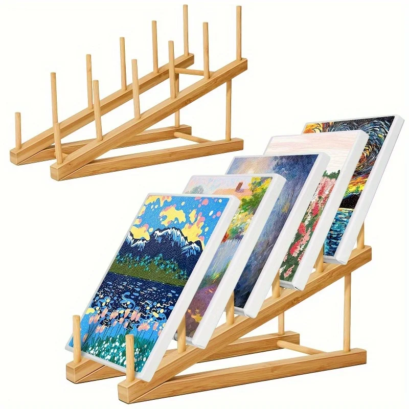 Sturdy 5-Tier Bamboo Tabletop Organizer Rack, Space-Saving Vertical Desktop Display Stand, Multipurpose Canvas Storage Holder