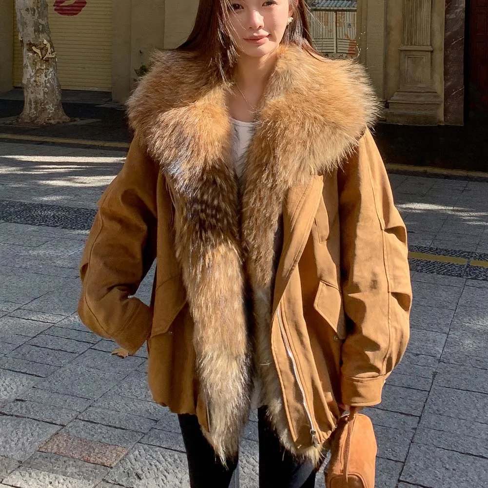 

Fur Jacket Winter Women Large Real Fox Fur Collar Puffer Jacket Loose Warm Parkas Female Goose Down Coat