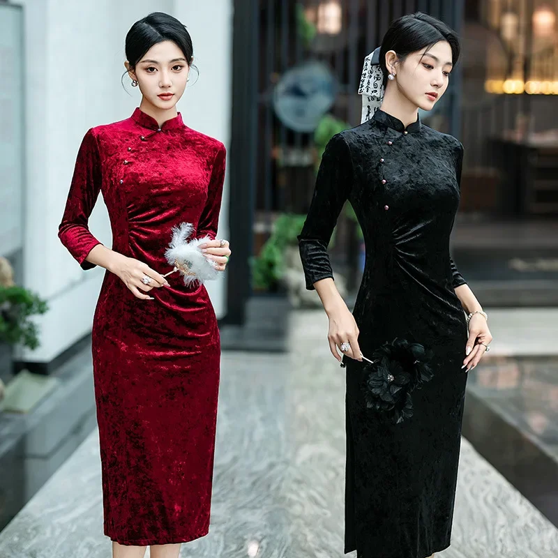 

Осенне-зимнее китайское повседневное улучшение Cheongsam 2024, новый стиль, тонкое платье с длинными рукавами в стиле ретро для молодых женщин Qipao