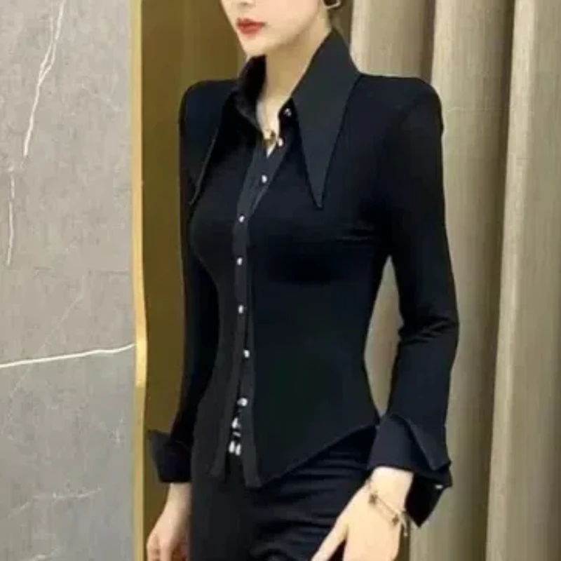 Office Lady Solid Color Elegant Early Autumn New Polo-Neck Long Sleeve Single Breasted Female Shirt All-match Breathable Tops