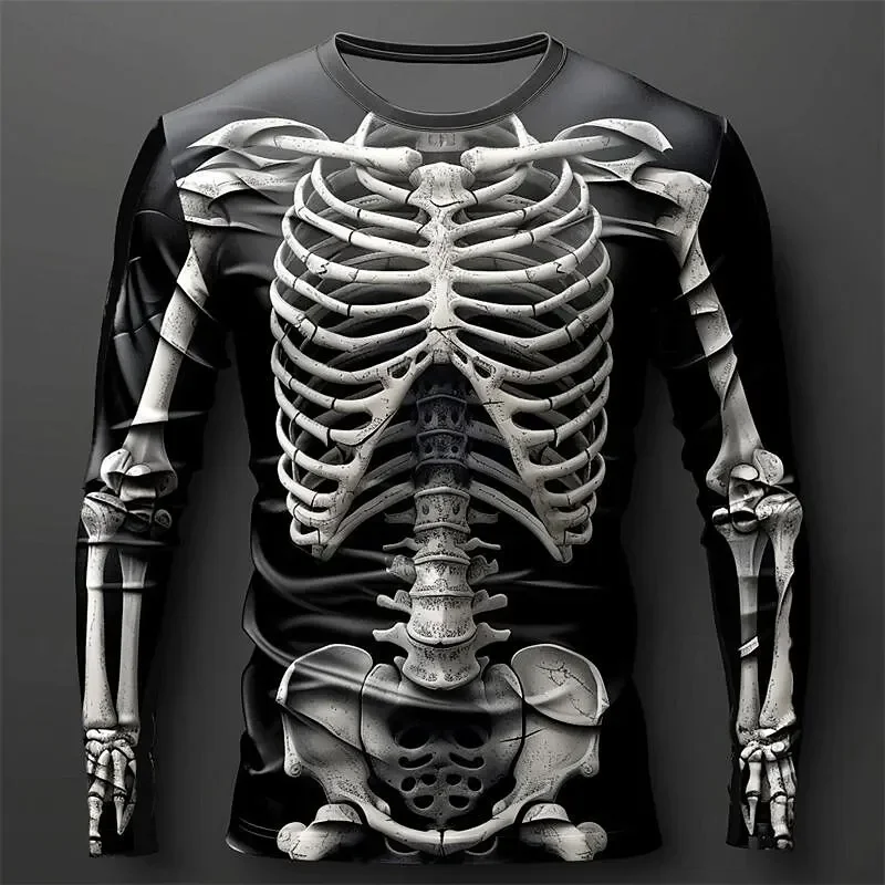Lustiges 3D-Motiv mit menschlichen Knochen, Herren-Langarm-T-Shirt, lässiger Schnitt, Rundhalsausschnitt, lockere Passform, modisches und bequemes Oberteil, Herbstbekleidung. – Detail 7