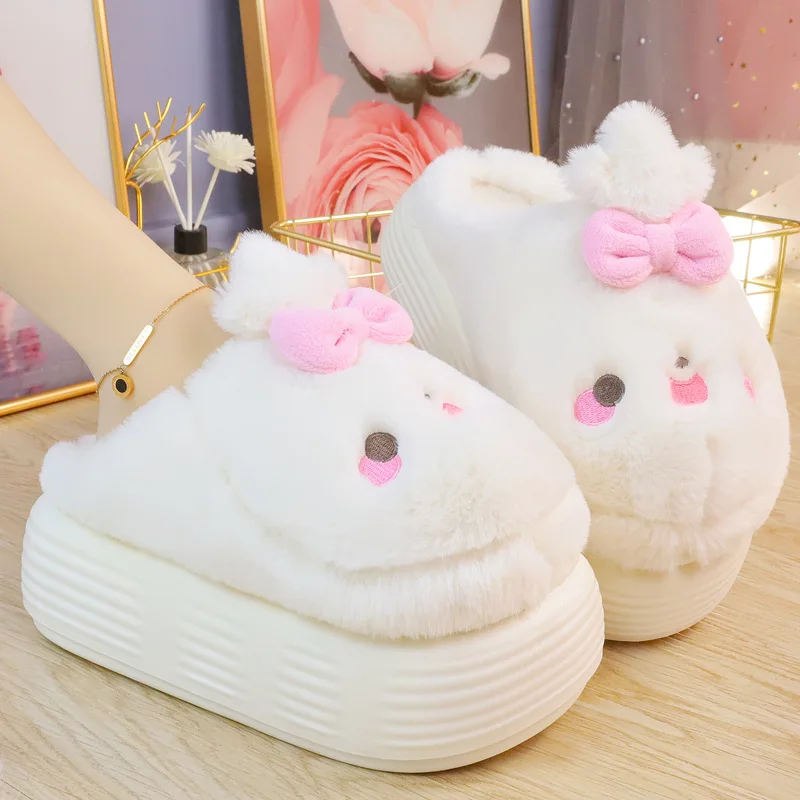 2022 Winter New Furry Chick Cotton Slippers Women\'s Home Cotton Slippers Cartoon Cute Thick-soled High-heeled Fur Slippers