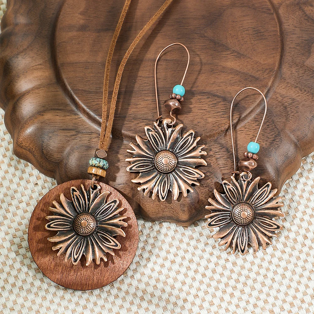 Boho Vintage Jewelry Set Pendant Necklace Long Sweater Chain Dangle Earrings Leaves Element Daily Wear Party Decors Versatile
