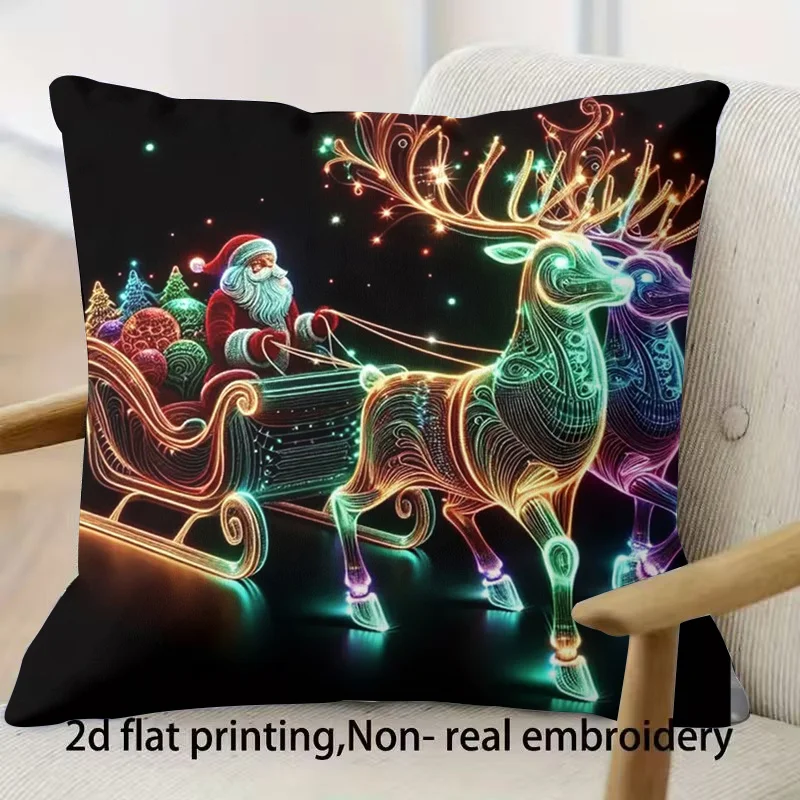 Christmas Reindeer Sleigh Throw Pillow Case Xmas Holiday Festive Decor Cushion Cover for Sofa Couch